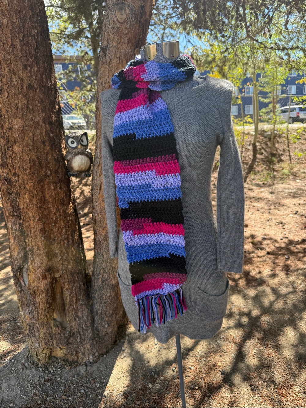 Handmade Multicolor Striped Crochet Scarf - Pink, Blue & Black